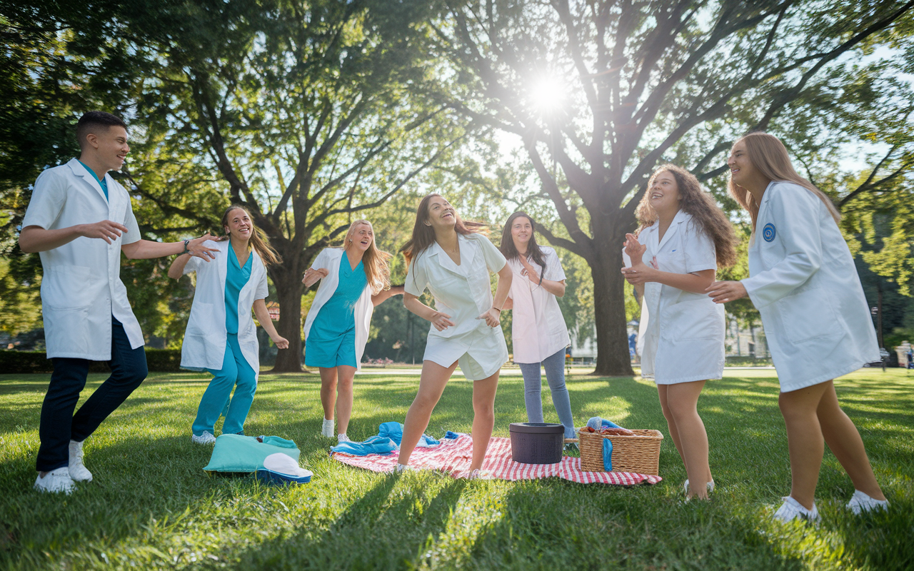 A vibrant scene in a park where a group of medical students engages in leisure activities, laughing and playing frisbee under the sun. Trees provide a backdrop, and picnic items are scattered around, illustrating a perfect balance of study and relaxation. This moment captures the importance of social connections in managing stress.