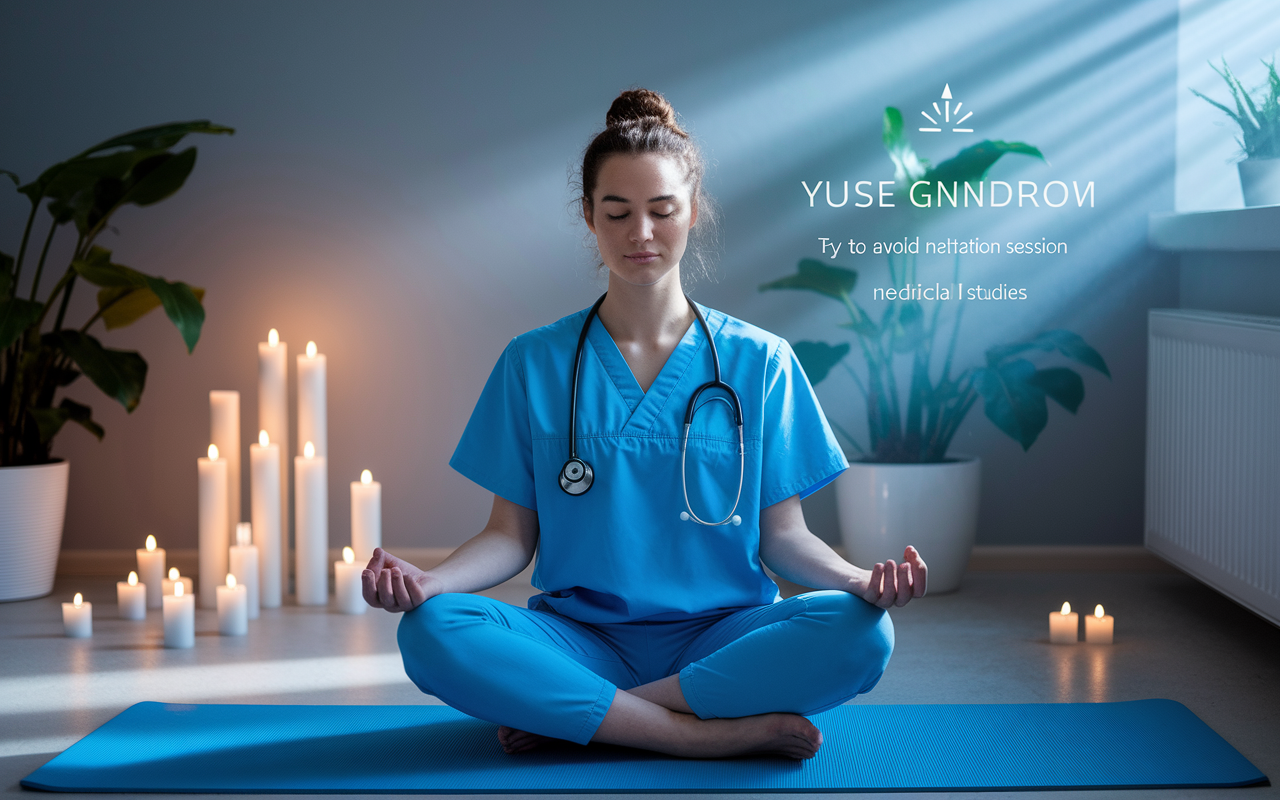 A serene and calming image of a young medical student practicing mindfulness. They are seated cross-legged on a yoga mat in a softly lit room, surrounded by candles and plants, eyes closed, with a peaceful expression. The atmosphere conveys tranquility, with rays of natural light filtering through a window, illuminating their calm demeanor. A digital timer subtly indicating a meditation session adds context to the scene, emphasizing focus and relaxation amidst the chaos of medical studies.