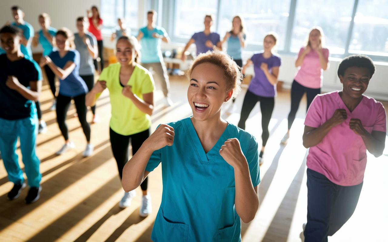 An energetic scene showing a diverse group of medical students engaged in a high-energy fitness class, such as Zumba or aerobics. The bright studio is filled with sunlight, and everyone is smiling and moving enthusiastically. The diversity of participants highlights a supportive community while the vibrant colors of exercise attire create an atmosphere of liveliness and positivity. A motivational instructor leads the group, reinforcing the idea of camaraderie in wellness.