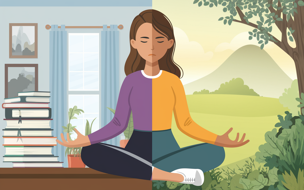 A before-and-after depiction of Lisa, a second-year medical student. On the left, she sits cluttered at a desk with stacks of books and a distressed expression. On the right, she is serene and composed, meditating in a peaceful nature setting, surrounded by greenery and soft light. The contrast highlights the shift from stress and turmoil to calm and focus, emphasizing the positive impact of mindfulness on her mental health and study habits.