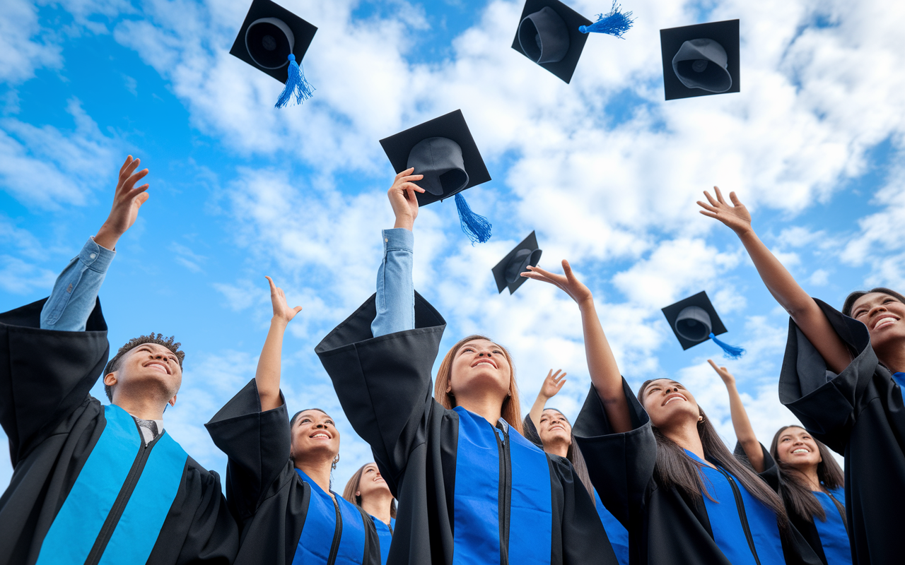 A visually rich scene depicting a graduation ceremony for medical students. The focus is on diverse graduates in caps and gowns, tossing their hats in the air under a bright blue sky, radiating joy and accomplishment. The background features proud families cheering, captured in a moment of celebration, symbolizing the transformation from anxiety and struggle during medical school to triumphant success, embodying hope and achievement in healthcare.