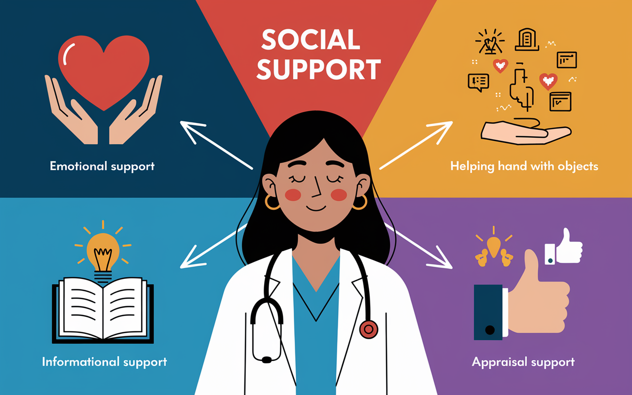 An infographic-style visualization depicting four types of social support arranged around a central illustration of a medical student. Each type is represented with engaging icons: Emotional Support (heart and hands), Instrumental Support (helping hand with objects), Informational Support (a book with a light bulb), Appraisal Support (a person giving a thumbs up). The background is vibrant, reflecting a sense of positivity and encouragement, while the central student appears relieved and supported, emphasizing the concept of interconnectedness.