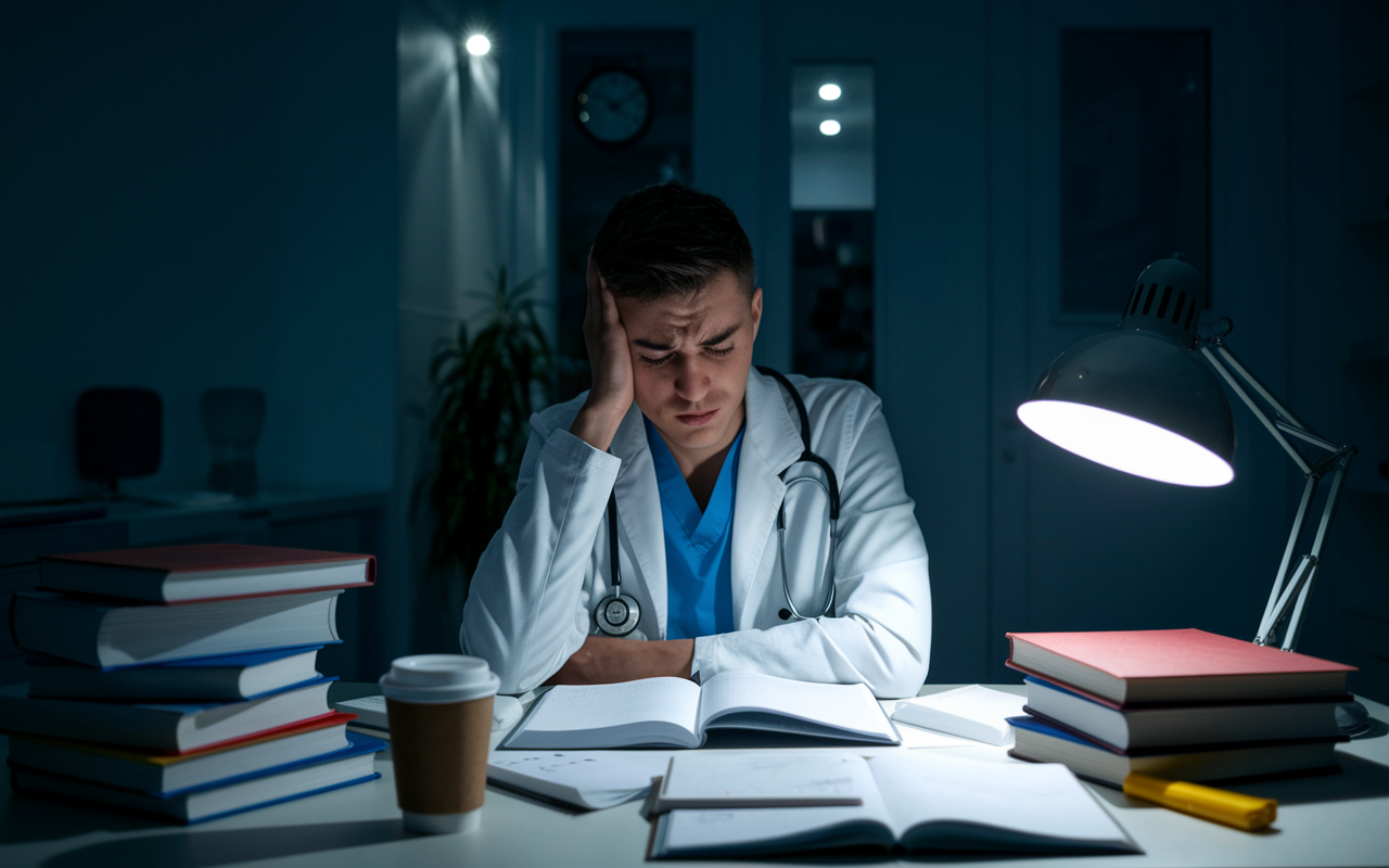 A medical student sitting alone at a cluttered desk late at night, surrounded by textbooks and notes, with a look of anxiety and weariness. The room is dimly lit by a single desk lamp, casting harsh shadows, emphasizing the feeling of isolation. Empty coffee cups and a clock ticking late into the night accentuate the stress of academic demands. The setting conveys the emotional turmoil faced by students as they strive to balance studies with mental health.