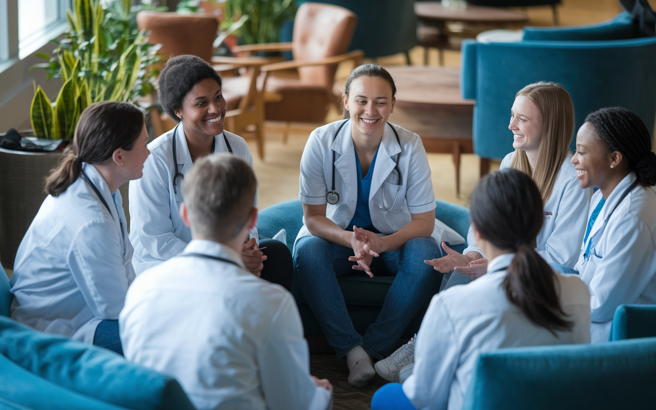 A group of medical students sitting in a circle during a casual meeting in a comfortable lounge area, sharing stories and experiences. Their body language is open and warm, with genuine smiles and attentive expressions, conveying a supportive atmosphere. Plants and cozy furniture enhance the relaxing environment, with soft lighting creating a safe space for dialogue about mental health, illustrating the importance of communication and connection.