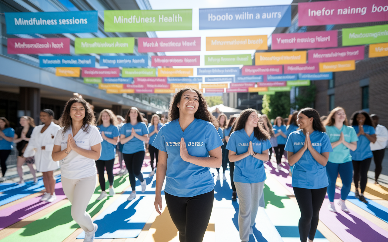 A vibrant scene at a medical school wellness event, where students are participating in various activities promoting mental health—yoga, mindfulness sessions, and informational booths. Bright banners and smiling faces radiate a sense of community and support, with students of diverse backgrounds sharing laughter and encouragement. Sunlight illuminates the open space, enhancing the feeling of positivity and well-being amidst the pressures of medical training.