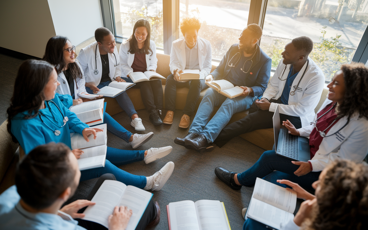 A diverse group of medical students is gathered in a study room, laughing and sharing experiences. They are sitting in a circle on the floor, open books and laptops scattered around them. Sunlight streams through a window, illuminating their engaged faces, filled with camaraderie and support. This scene feels warm, encouraging, and reflects the importance of connection and shared experience in the rigorous journey of medical education.