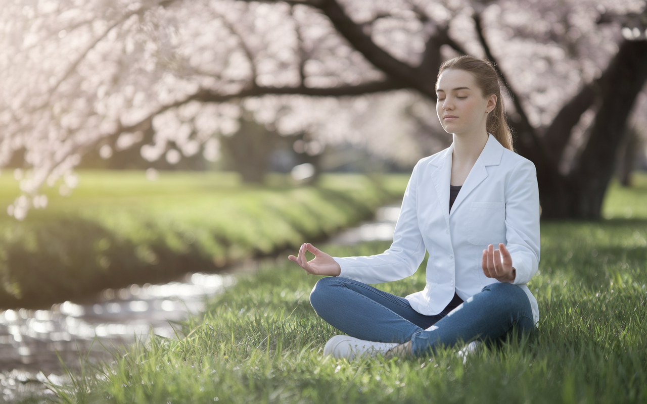 A meditative scene depicting a medical student practicing mindfulness in a serene park. The student, in casual clothing, sits cross-legged on the grass under a cherry blossom tree, eyes gently closed, with a peaceful facial expression. The background features soft pink blossoms and a gently flowing stream, bathed in warm sunlight creating a tranquil atmosphere that promotes relaxation and mindfulness.