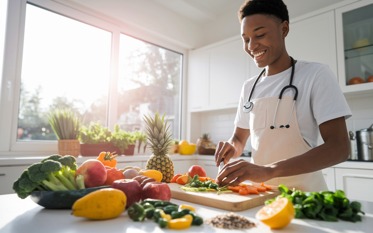 A vibrant kitchen scene where a medical student is preparing a healthy meal. Colorful vegetables, fruits, and whole grains are artistically arranged on the counter. The student, wearing an apron, smiles with joy as they chop fresh produce, illuminated by bright morning sunlight coming through the window. This image embodies the connection between nutritious food and mental well-being, showcasing a balanced lifestyle.