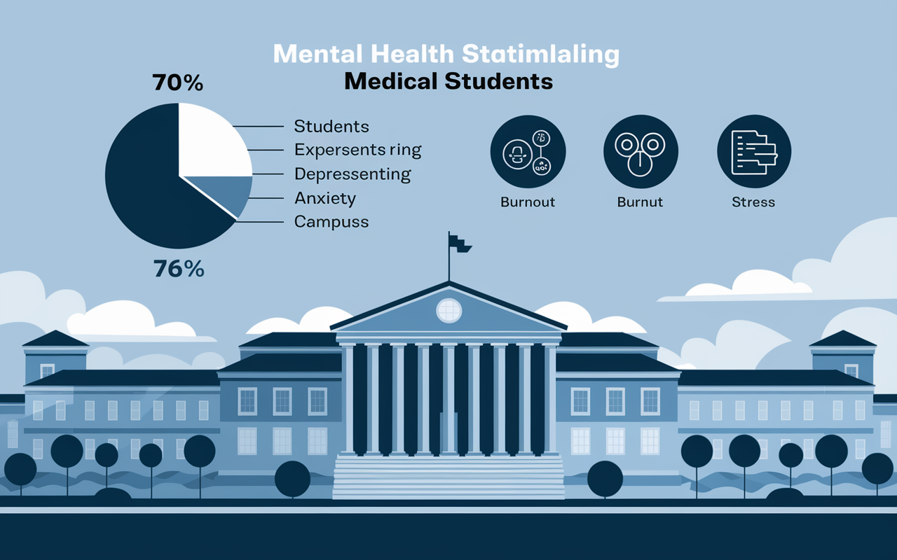 An infographic-style image depicting statistics on mental health among medical students. Visual elements include a pie chart showing the percentage of students experiencing depression and anxiety, along with icons representing burnout and stress. The backdrop is a subtle design of a university campus, conveying the academic environment. The colors are cool and informative, highlighting the seriousness of the issue.