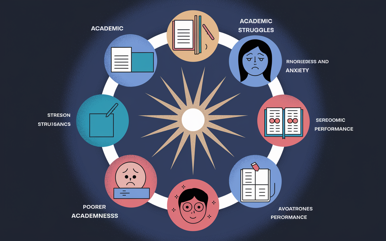 An artistic representation of the vicious cycle between academics and mental health. A circular flowchart visually illustrates how academic struggles lead to increased stress and anxiety, which then results in poorer academic performance. The colors are dark and moody to reflect the seriousness of the struggles, with relevant icons such as books, exam papers, and emotional faces, creating a stark contrast to light at the center of the cycle symbolizing hope.