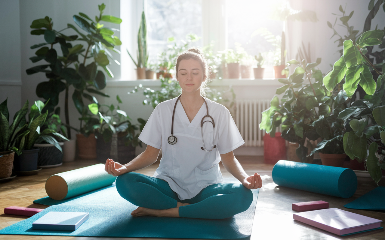 A heartwarming scene of a medical student engaging in self-care after a long day of studying. The student is practicing yoga in a cozy, well-lit room filled with house plants. Sunlight filters through a window, casting a serene glow. Yoga mats and health books are scattered around, emphasizing relaxation and balance. The atmosphere is tranquil and inviting, emphasizing the importance of mental well-being.