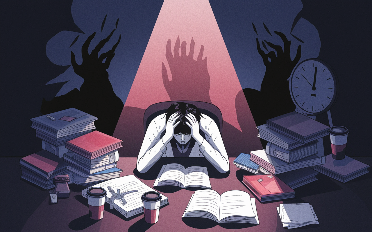 A dramatic visual representation of burnout symptoms faced by medical students. The image features a student sitting at a desk, head in hands, surrounded by overflowing notebooks and coffee cups. A clock shows late hours, and a dark shadow looms over the student, complex emotions of exhaustion and despair are depicted. The scene is imbued with deep colors to reflect intense feelings, yet a subtle beam of light breaks through, symbolizing hope for recovery.