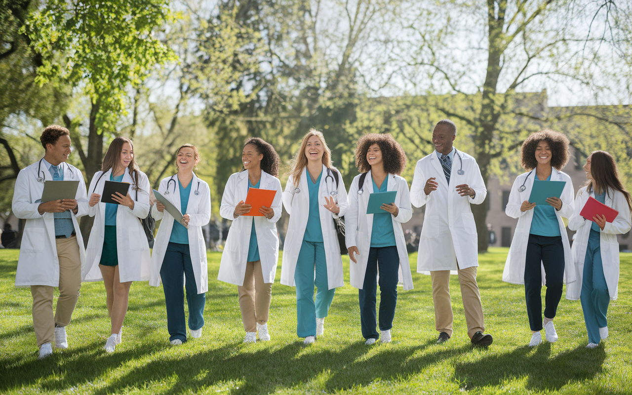 An uplifting scene showing a diverse group of medical students enjoying a sunny day at a park, sharing a moment of laughter and relaxation between classes. They participate in various activities: some read, others play frisbee or take a casual stroll. The setting is vibrant with green grass and trees, symbolizing mental rejuvenation. The overall atmosphere is joyful and light, illustrating the successful balance of academics and wellness.