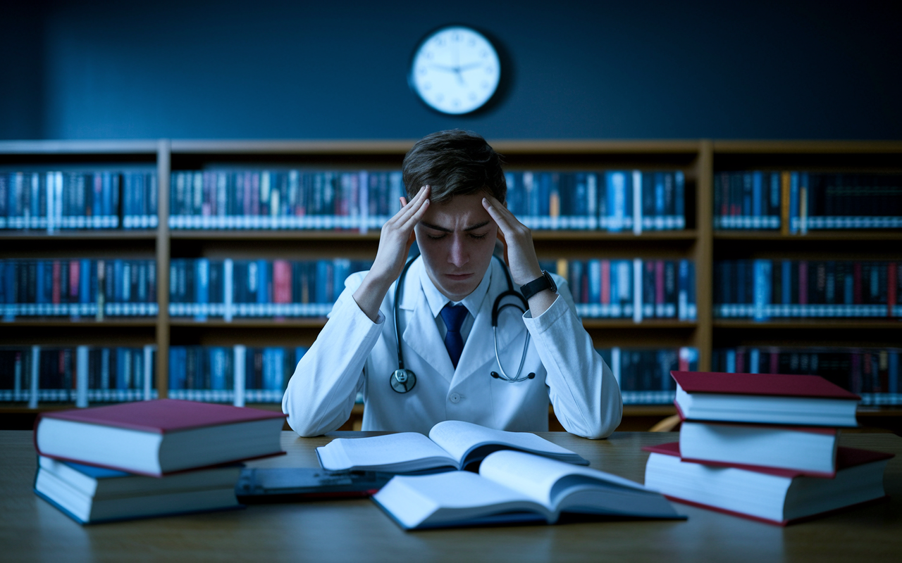 A young medical student sitting at a library table, rubbing their temples in frustration, surrounded by medical textbooks scattered haphazardly. The background shows a clock indicating late hours, illustrating chronic fatigue and the toll of studying. Dim, cool lighting creates a melancholic atmosphere, while subtle shadows highlight the student's stressed expression, capturing the essence of burnout.