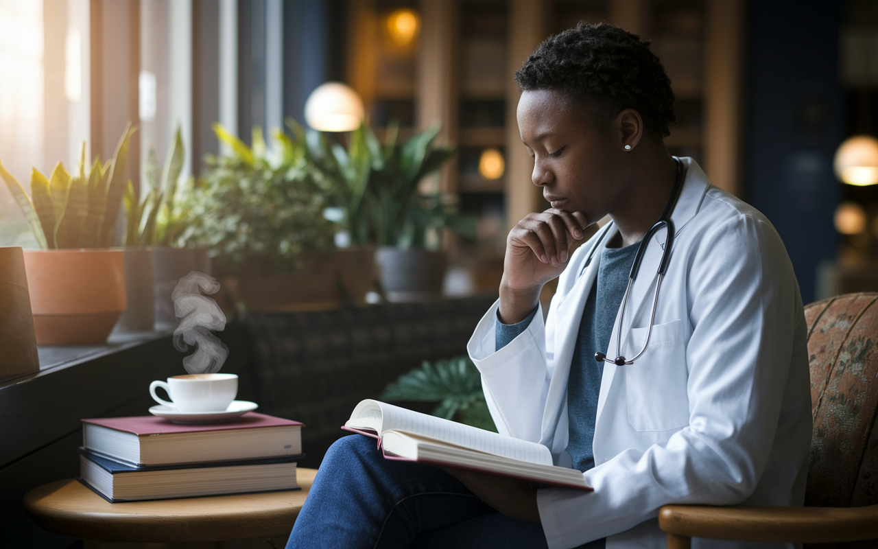 An intimate portrait of a medical student in a tranquil corner of a library or coffee shop, engaged in deep reflection through journaling. The student is seated with an open journal, a thoughtful expression on their face, surrounded by cozy decor such as plants and soft lighting. Nearby, a steaming cup of coffee and a stack of medical textbooks creates a warm and reflective ambiance, conveying the essence of personal growth through self-awareness.