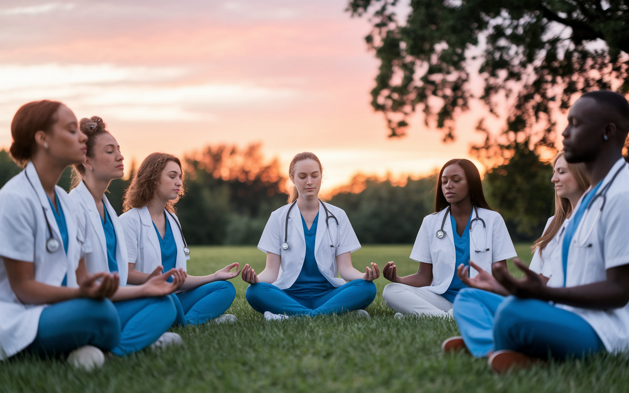 A group of diverse medical students participating in a mindfulness meditation session outdoors at sunset. The scene captures them sitting in a circle on a grassy field, eyes closed, with serene expressions as they focus on their breath. Soft hues of orange and pink sky illuminate the environment, contributing to a peaceful atmosphere. A gentle breeze rustles the nearby trees, emphasizing a moment of calm and unity in their shared practice of mindfulness.