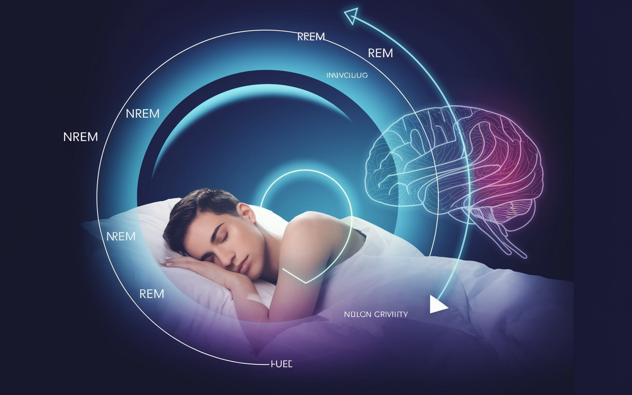 An artistic representation of the human sleep cycle, featuring both NREM and REM stages. Visually striking imagery showing an individual peacefully sleeping, with soft waves representing the stages of sleep circled around them. Use of calming blue and purple hues to evoke tranquility, with dynamic lines illustrating brain activity during REM. A serene atmosphere reflecting the importance of restorative sleep for mental health and well-being.