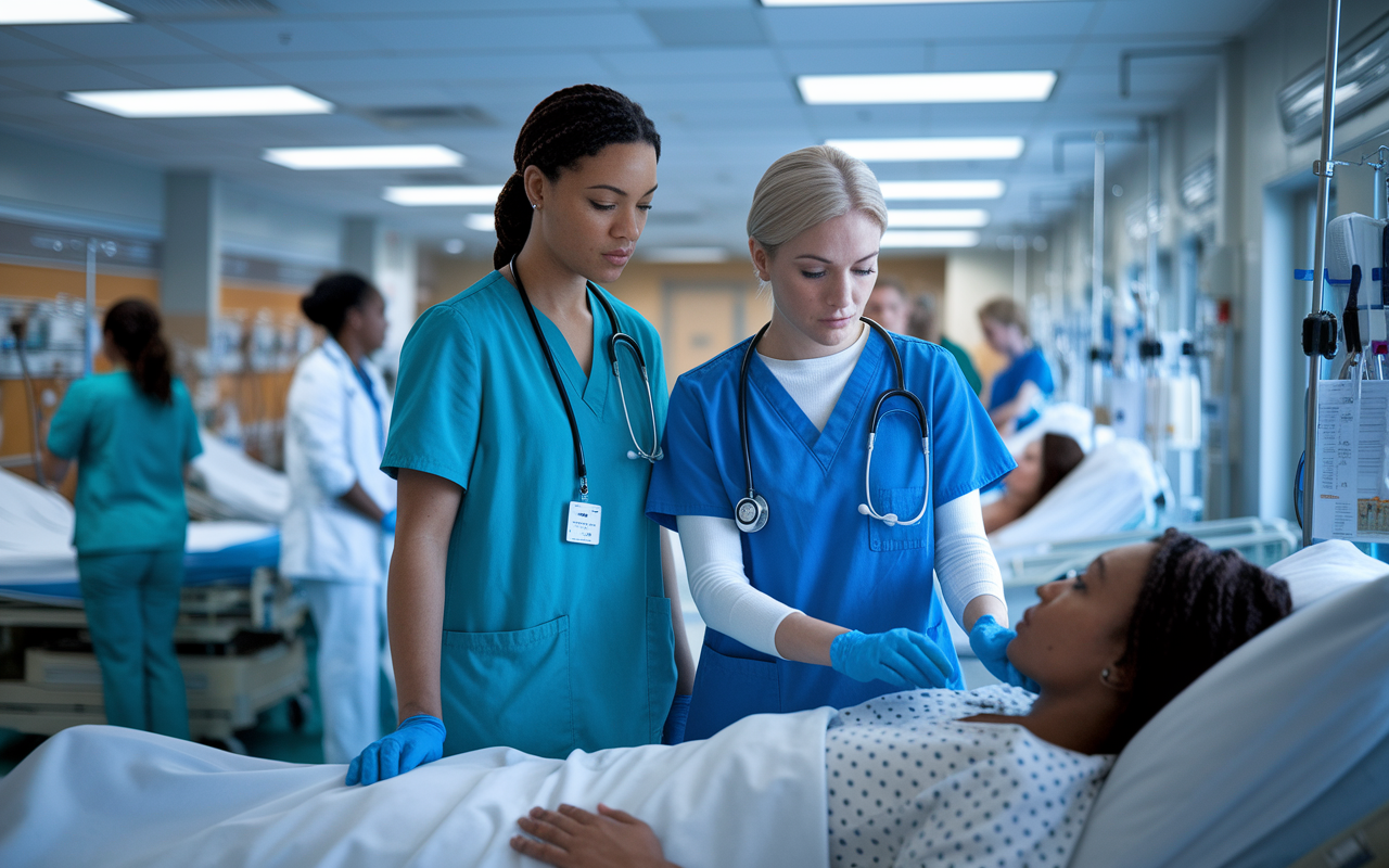 A young medical student stands beside a doctor in scrubs during a busy hospital shift, attentively watching her as she performs a diagnostic procedure on a patient. The backdrop is a lively hospital ward with nurses hustling about and patients resting in beds. The atmosphere is charged with activity, showing the intense yet rewarding environment of healthcare. The lighting is bright and clinical, with glimpses of medical charts and equipment around, emphasizing the importance of learning from hands-on experience.