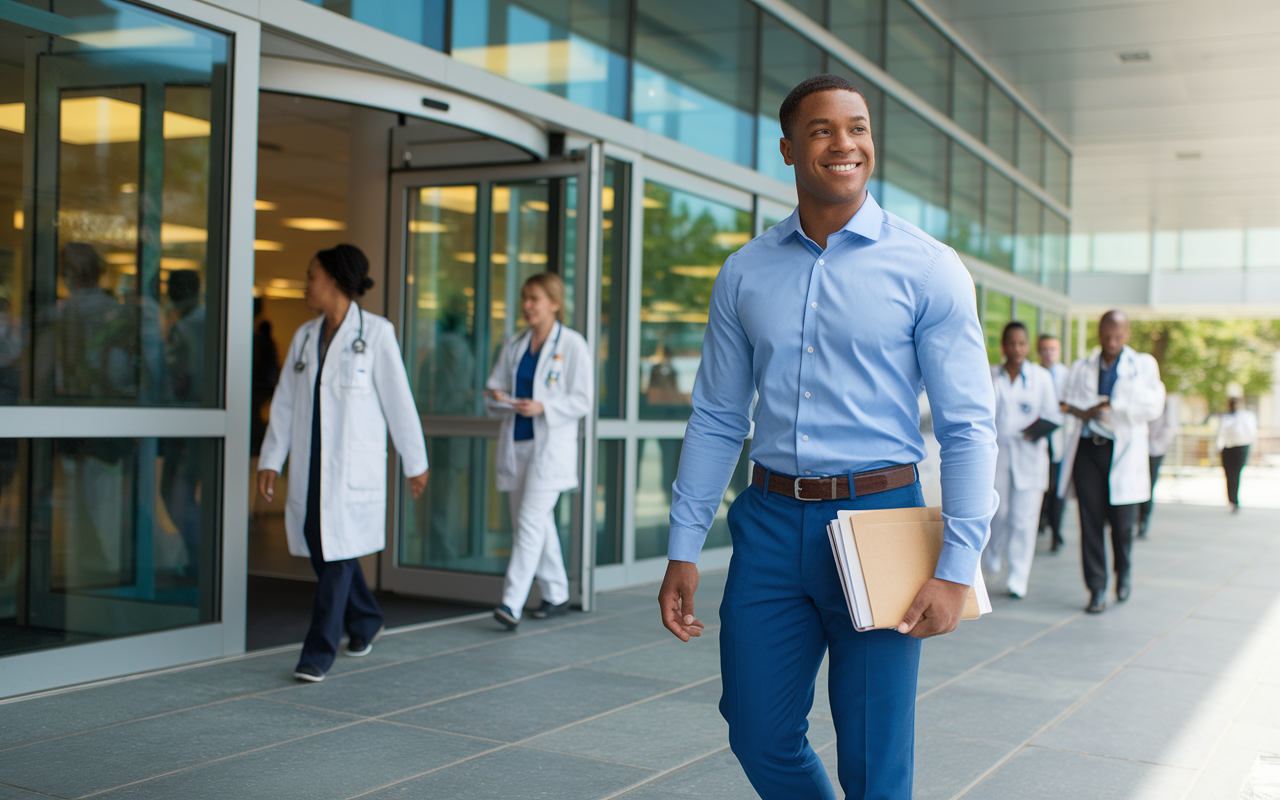 A well-dressed medical shadowing student in a crisp collared shirt and dress slacks stands outside a modern hospital entrance, preparing to enter with a notepad in hand. The building has a sleek design, with doctors and nurses walking in and out, embodying the busy life of medical professionals. The scene is bright and welcoming, showcasing the importance of first impressions in a healthcare environment.