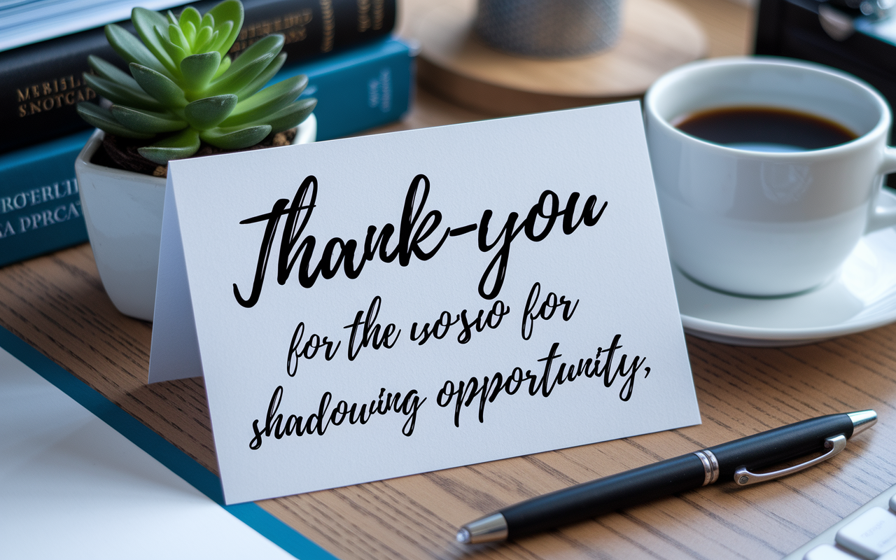 A close-up view of a beautifully penned thank-you note resting on a wooden desk, beside a small potted plant and a coffee cup. The note expresses gratitude for the shadowing opportunity, with elegant cursive script. The background hints at a busy office, with medical texts and professional decor, emphasizing professionalism and appreciation in medical practice.