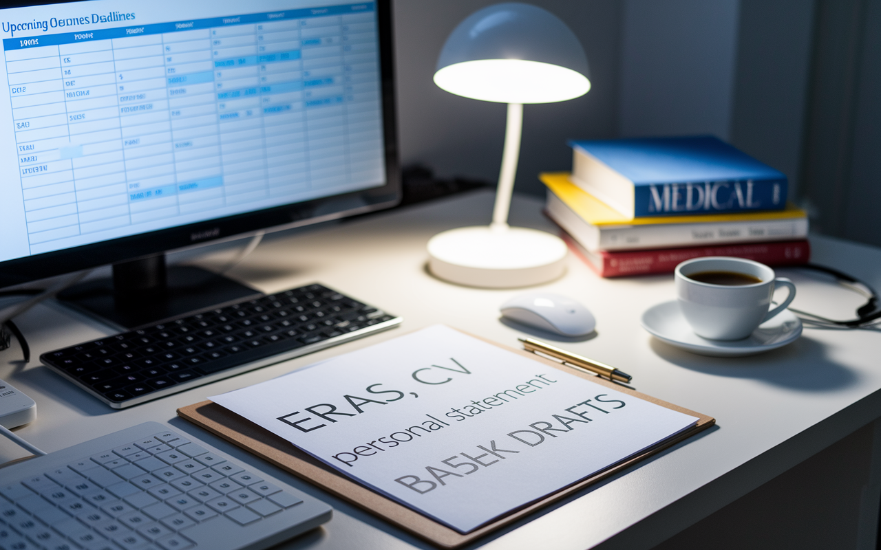 A clutter-free workspace showcasing a desktop with neatly organized documents labeled ERAS, CV, and personal statement drafts. A digital calendar with upcoming deadlines displayed on the screen, bright desk lamp casting a warm, focused light. Nearby medical textbooks and a cup of coffee exude an atmosphere of productivity and readiness, a clear contrast to the potential chaos of the application process.