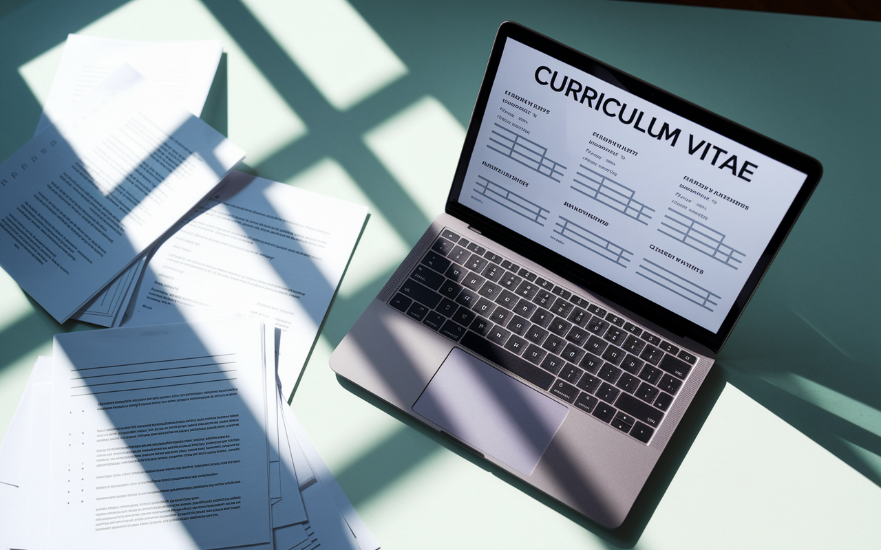 An overhead view of a well-structured curriculum vitae displayed on a laptop screen, with highlighted sections on academic achievements and clinical experiences. Work papers scattered around the desk include printed outlines, creating an air of professionalism. Sunlight casts soft shadows, symbolizing clarity and focus in the pursuit of securing a residency position.