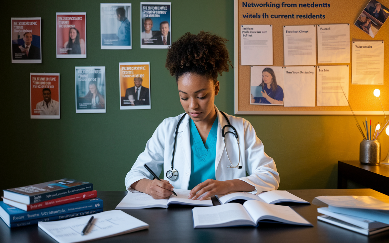 A medical student engaged in research at a cozy desk, surrounded by open books and notes about various residency programs. The wall features pinned program brochures and a bulletin board with insights from networking with current residents. Warm lighting accentuates the richness of the resources, signifying the dedication to finding the perfect residency match.