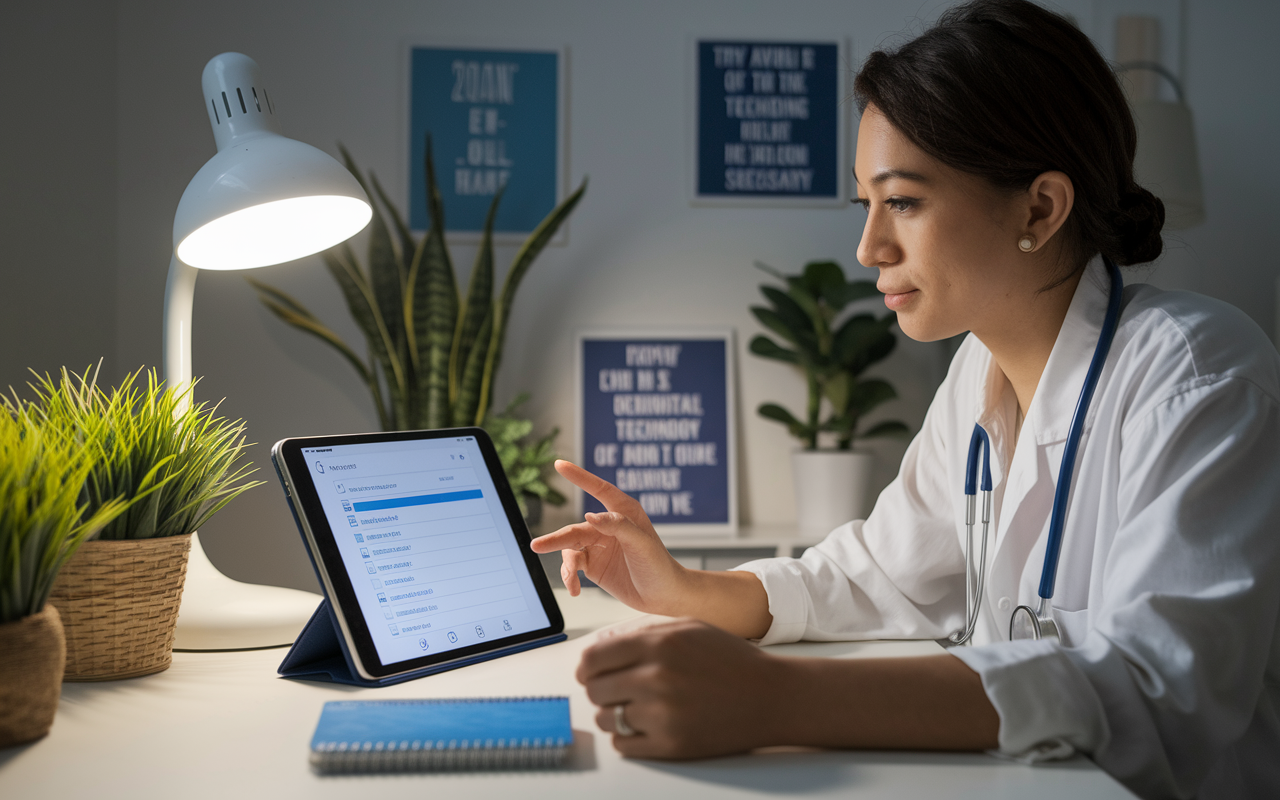 A cozy study room showcasing a medical student using a tablet to access helpful online tools for organizing their ERAS application. The screen displays a checklist and reminders for tasks. A bright lamp on the desk casts a focused glow over the student, surrounded by cozy elements like plants and motivational quotes, emphasizing the blending of technology and personal drive.