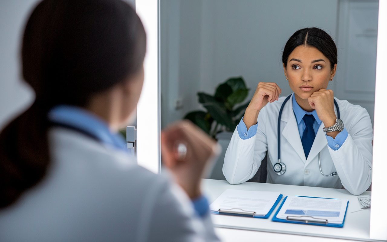 A medical student practicing interview techniques in front of a mirror, dressed professionally, with notes and research about the residency program on a nearby table. The room is well-lit, inspiring confidence and calm, with a focus on the student’s determined expression and the intricate details of their attire and accessories.