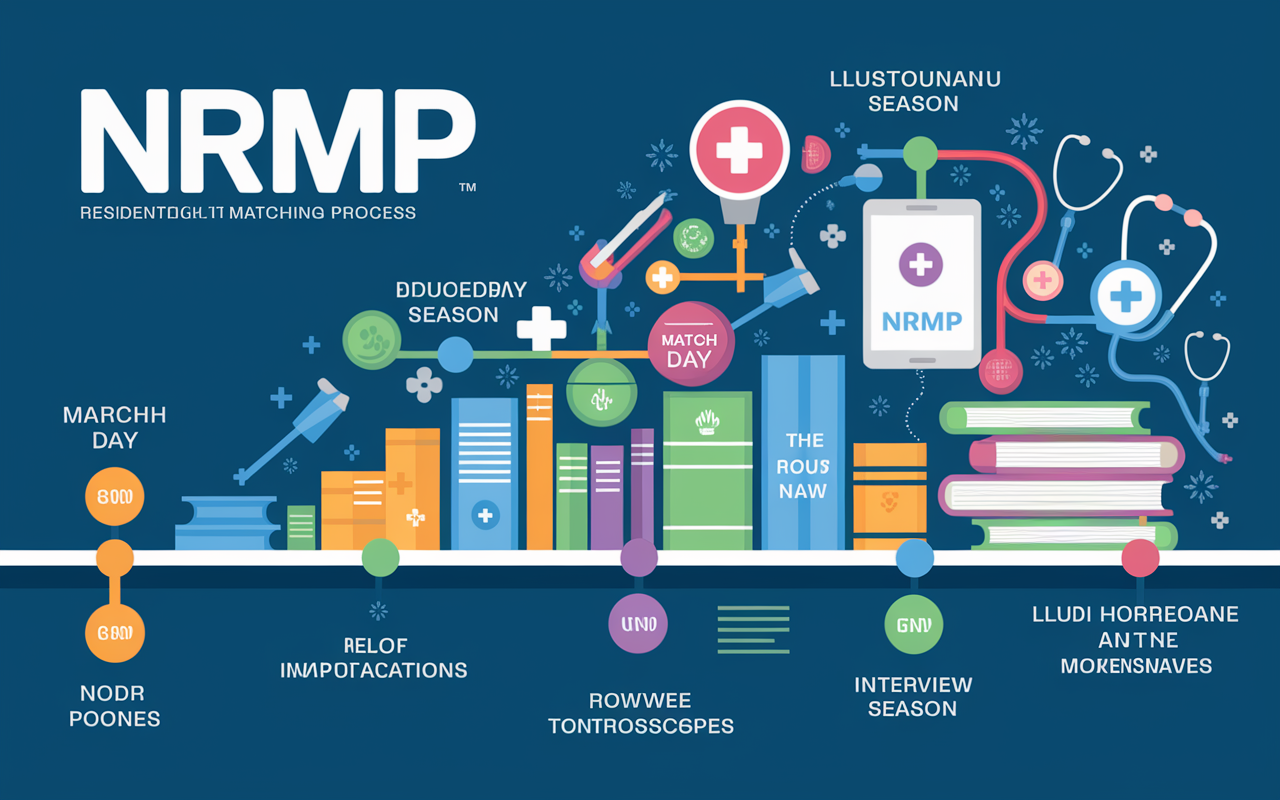 An informative illustration depicting the NRMP logo alongside a timeline that highlights important milestones in the residency matching process. Features visual elements representing key terms like Match Day, ROL, and Interview Season, on a backdrop of medical-themed imagery like stethoscopes and books. The graphic should use a modern, clean design with vibrant colors, ideal for educational purposes.