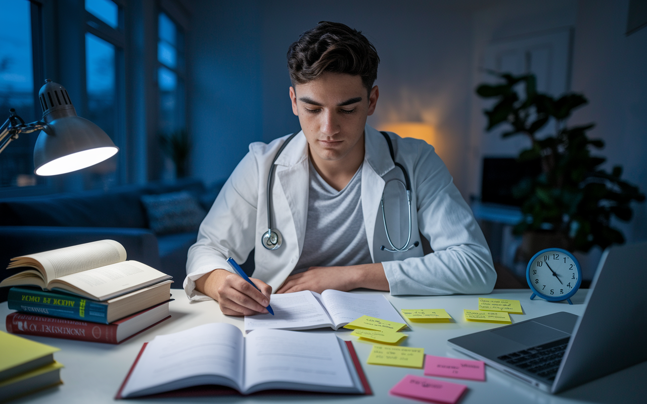 A young medical student sitting at a desk, surrounded by open textbooks, a laptop with ERAS application open, post-it notes filled with reminders, and a clock showing late evening. The student is diligently working on their personal statement, with a focus on expression and determination. Soft, warm lighting creates an inviting atmosphere in a home study environment, capturing the essence of preparation and commitment.