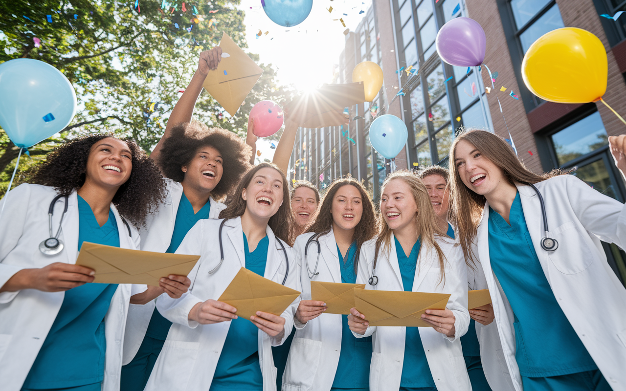 A group of elated medical students gathered outside a building, holding match envelopes and cheering joyfully. The scene captures a mix of emotions, ranging from excitement to nervousness as they prepare to open their letters. Bright sunlight shines down on their faces, surrounded by balloons and confetti, representing success and new beginnings in their medical careers. The setting is festive and vibrant, conveying a sense of accomplishment.