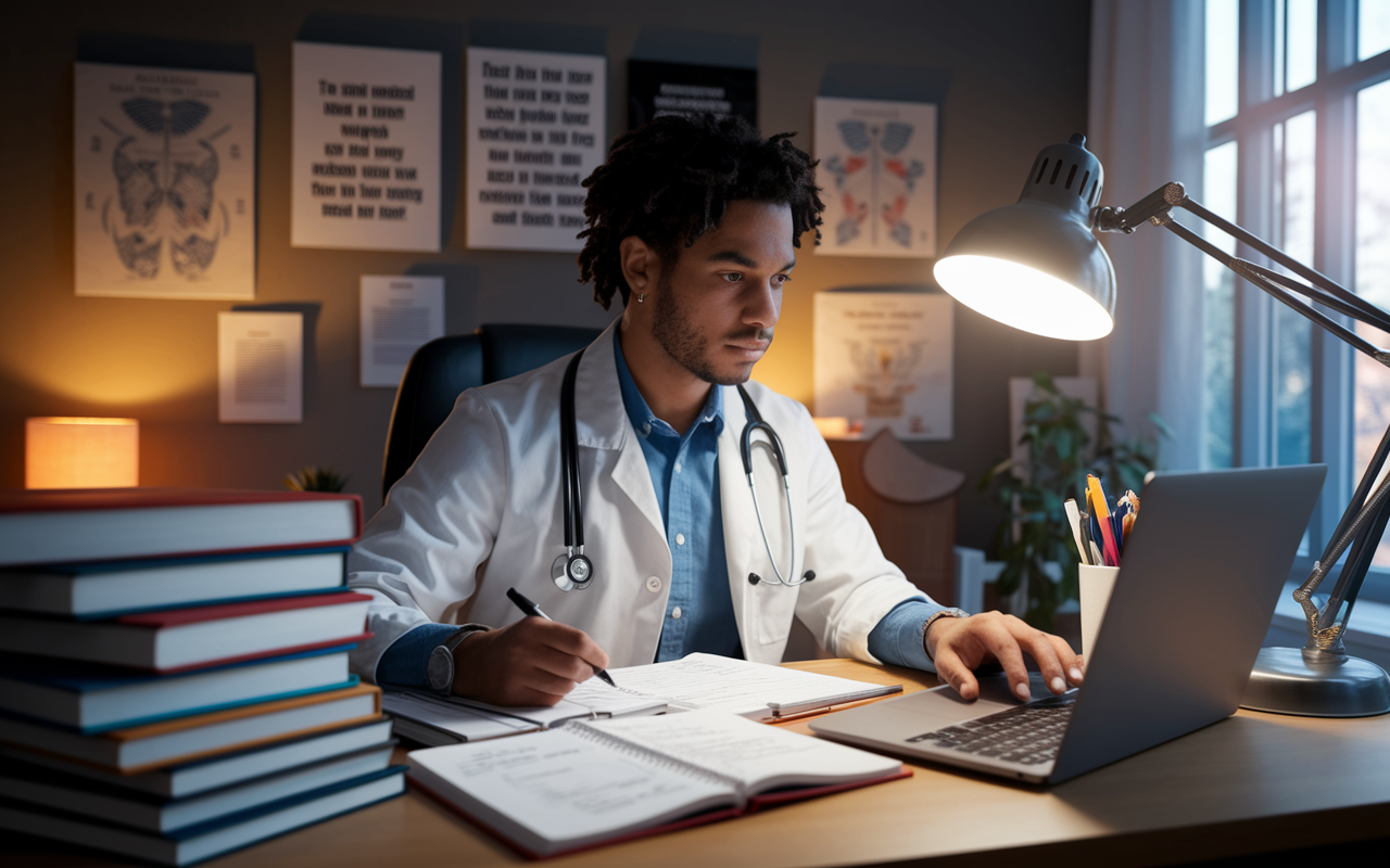 A focused medical student sitting at a desk piled with books and notes, intently researching residency programs on a laptop. The room is warmly lit with a desk lamp, creating a cozy atmosphere of study. The walls are adorned with medical posters and motivational quotes. The student's expression reflects determination and curiosity, with a notepad filled with annotations and questions for upcoming interviews. Natural light is streaming through the window, hinting at early morning, symbolizing the commitment to preparation.