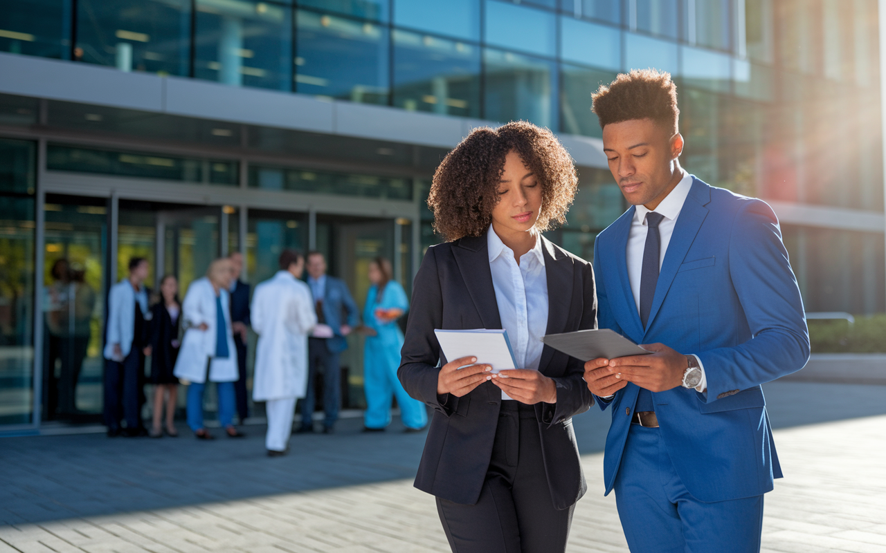 Two medical candidates of diverse backgrounds standing side by side outside a modern hospital, dressed in sharp business formal attire. The sunlight casts a warm glow highlighting their polished looks and determination. One candidate checks their notes while the other looks inspiringly focused, ready for their residency interviews. The hospital entrance looms in the background, showing a busy environment with healthcare professionals and patients, underscoring the importance of professionalism in their journey.