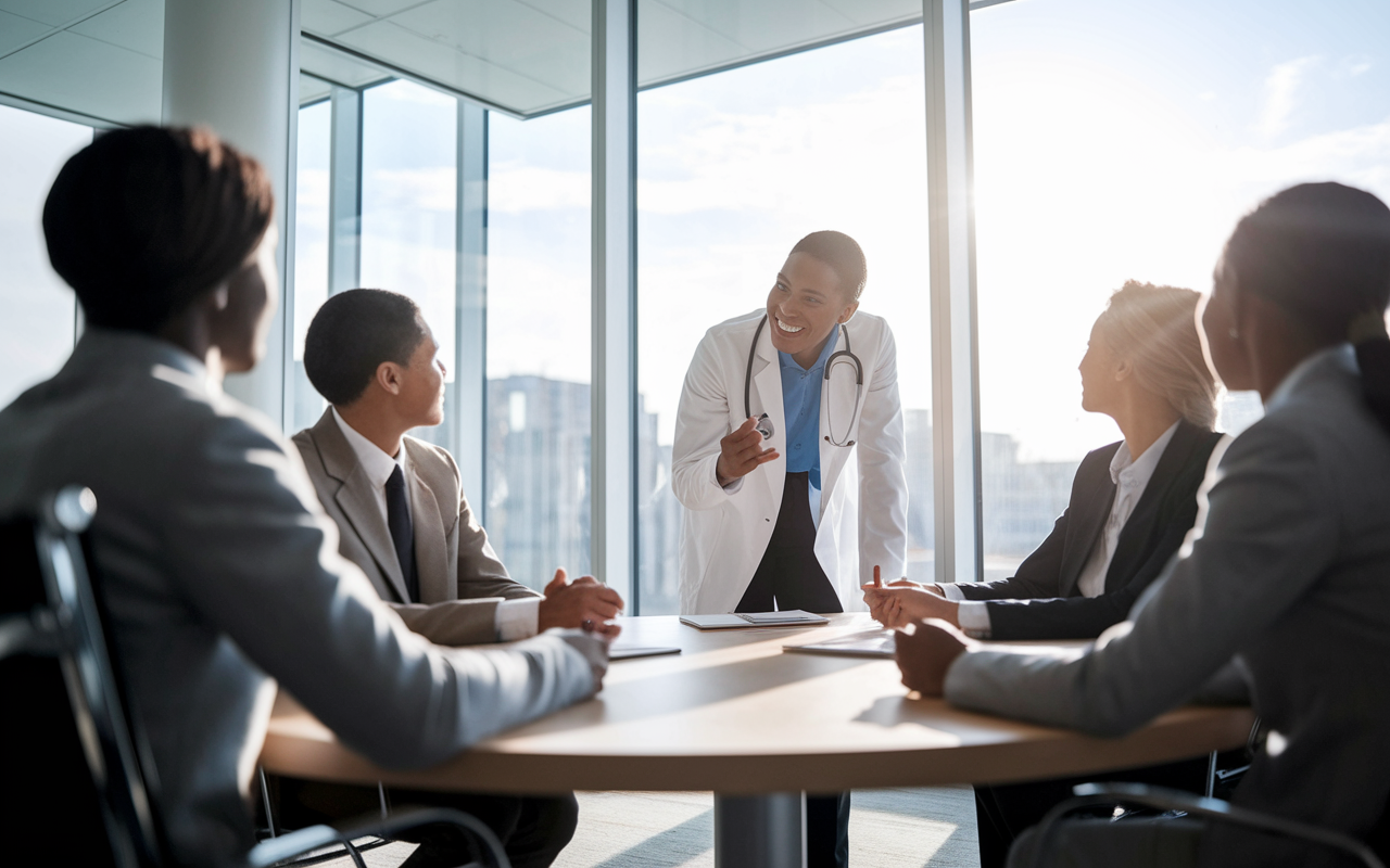 A medical candidate energetically engaging with a panel of interviewers in a boardroom, displaying thoughtful expressions. The room is bright and modern, with a large window revealing a sunny day. The candidate is seated at a round table, leaning slightly forward, expressing enthusiasm as they ask questions. The panel members, diverse in gender and ethnicity, are attentively listening, creating an atmosphere of mutual respect and engagement. The setting is professional yet warm, emphasizing collaborative dialogue.