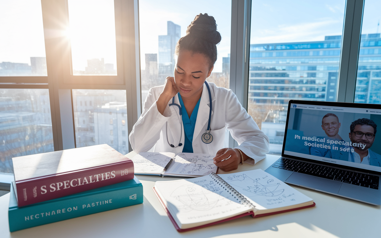 A medical student sitting at a bright window with views of a city hospital, engaged in self-reflection, surrounded by books on specialties, a notebook filled with doodles and thoughts. The sunlight streams in, creating a warm atmosphere of hope and aspiration. There's a representation of a mentor's photo on the desk, symbolizing guidance and connection. An open laptop shows a website of medical specialty societies in soft focus in the background.