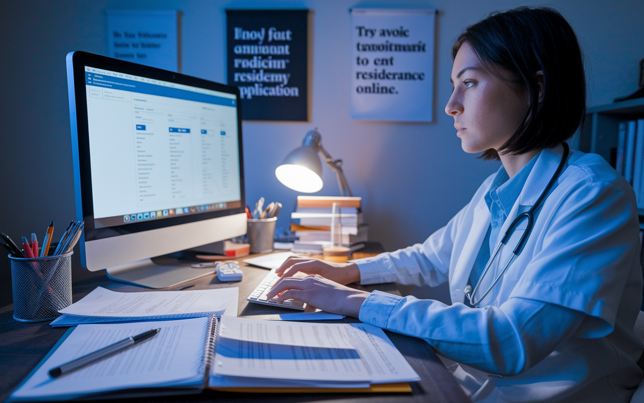 A focused scene depicting a medical student typing on a computer at a study desk cluttered with application materials, including transcripts, a CV, and notes. The evening light creates a cozy but determined atmosphere as the student submits their residency application online. In the background, motivational quotes about medicine and perseverance hang on the wall, inspiring the student's commitment.