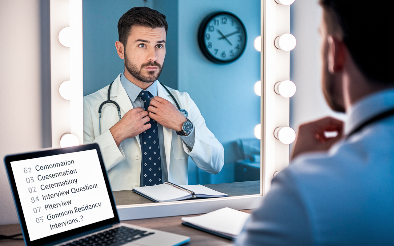 An eager medical candidate rehearsing in front of a mirror, adjusting a tie, and practicing answers to interview questions. The room is softly lit, filled with notes and an open laptop displaying a list of common residency interview questions. A wall clock shows the urgency of time closing in on the interview, creating an atmosphere of preparation and determination.