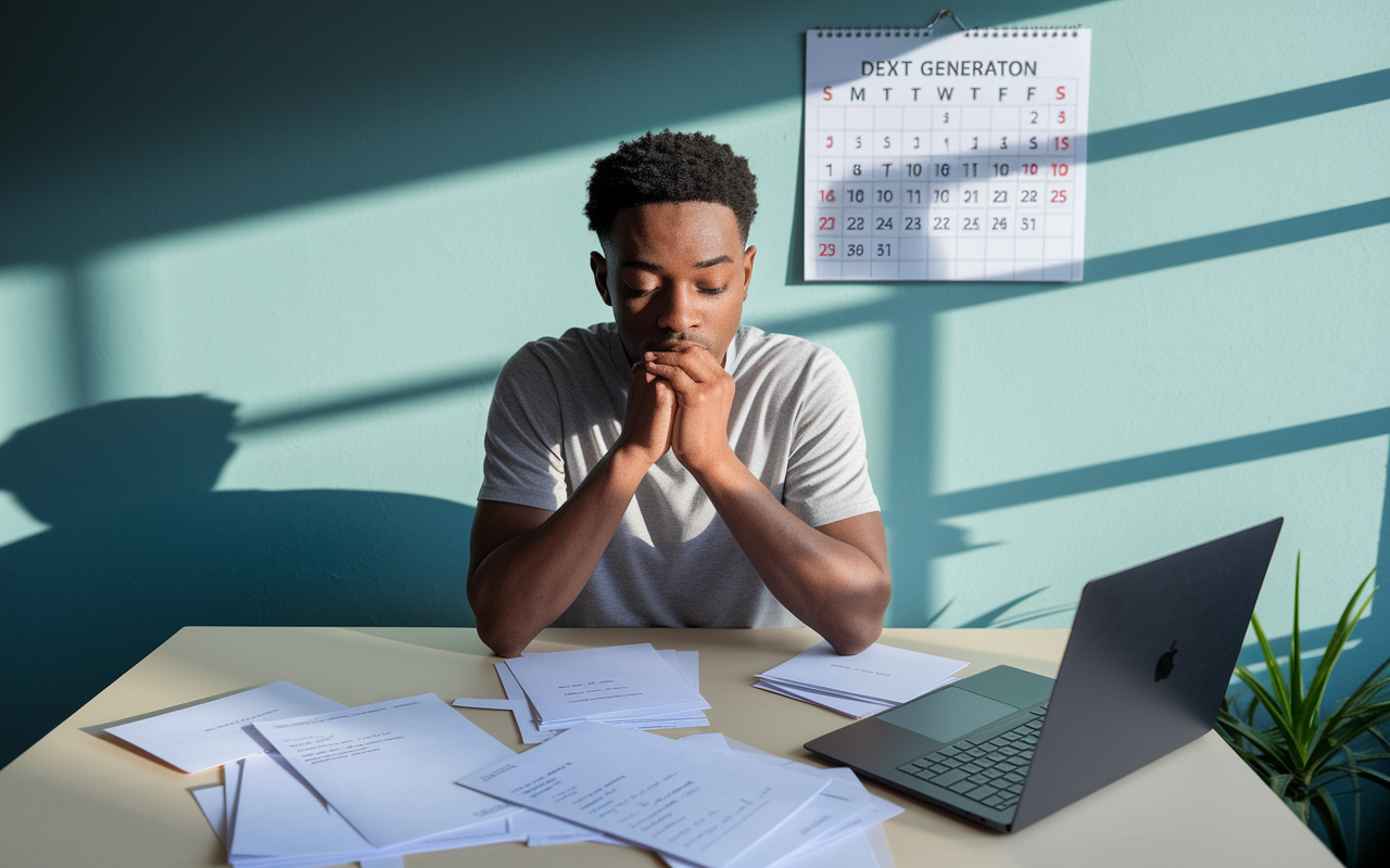 A student seated at a table, surrounded by several letters from residency programs and a laptop open to a live feed of Match Day results. The tension is palpable as they hold their breath with anticipation, illuminated by soft morning light. A calendar on the wall is marked with significant dates approaching, symbolizing the culmination of their hard work and preparation.