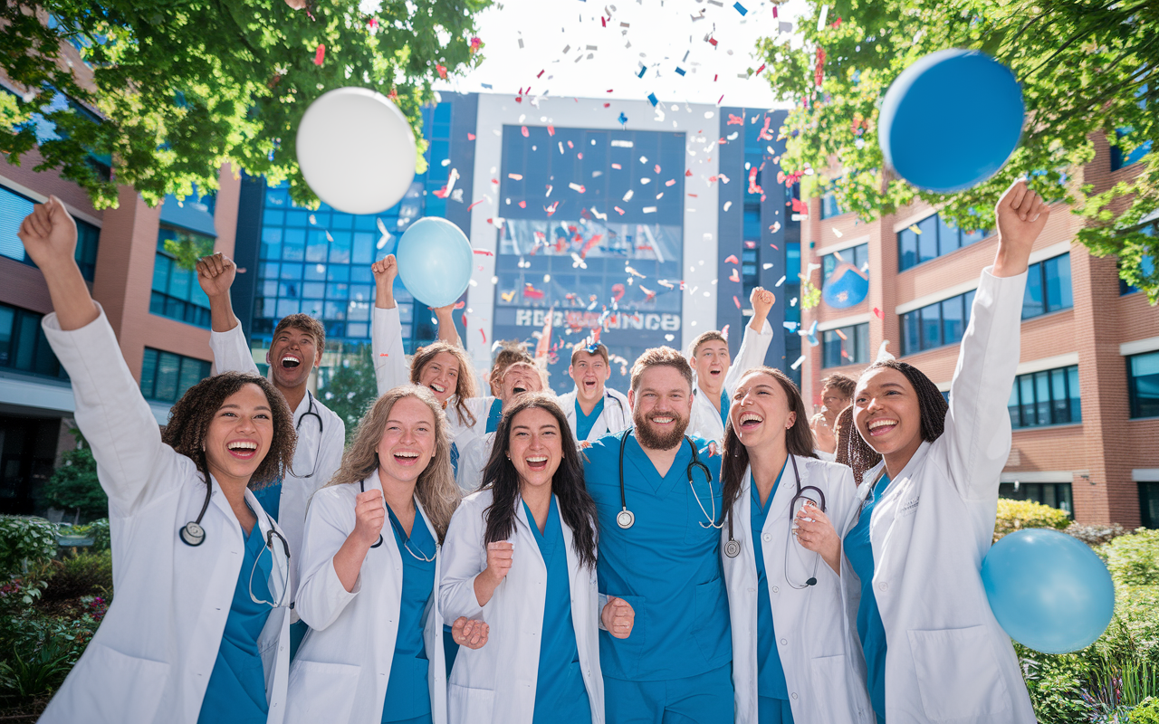 A group of jubilant medical students cheering and celebrating their successful residency match, balloons, and confetti flying around. The scene is vibrant with joy, capturing the excitement of achieved dreams—the backdrop of a campus building with medical logos can be seen as a symbol of their future. Soft daylight bursts through the scene, emphasizing the positivity and hope for the coming years.