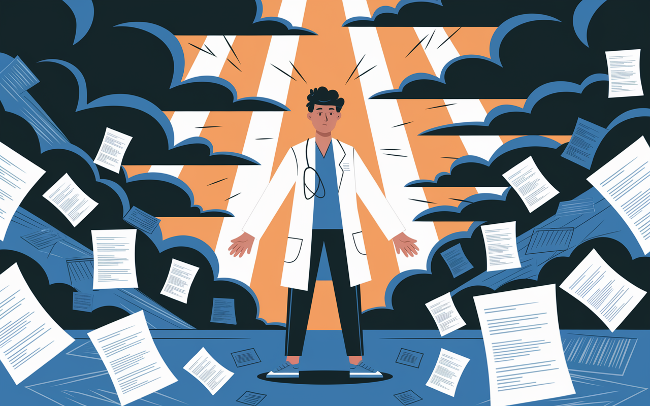 An illustration of a medical student standing strong amidst a storm of paperwork and stress indicators, symbolizing mental toughness. The student is pictured in a dynamic pose, with a serene expression despite the chaotic environment around them, showcasing resilience. The background features dark clouds and swirling papers, while rays of sunlight penetrate the chaos, representing the hope and clarity that mental strength brings.