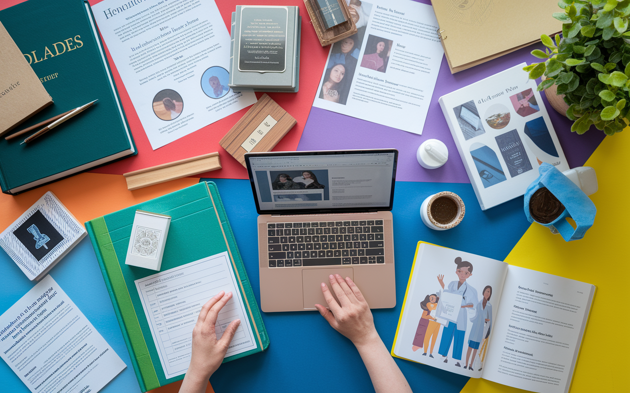 A vibrant and well-organized study space filled with various accolades and academic achievements such as awards, research posters, and a laptop displaying a well-crafted portfolio. A medical textbook is open, spotlighting an important section on clinical experiences. The scene is well-lit, showcasing a sense of pride and preparedness in the applicant’s diverse accomplishments and skills, with uplifting colors to evoke inspiration.