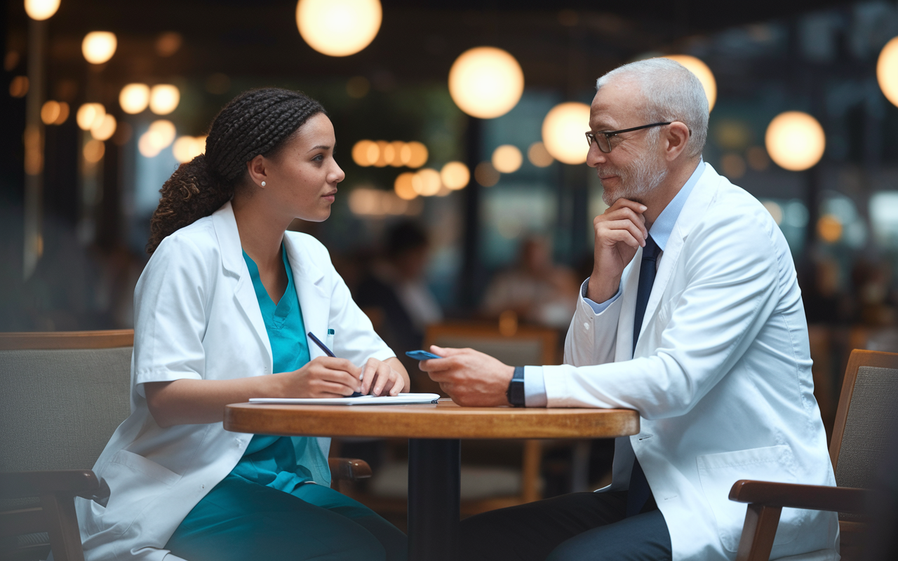 A scene featuring a medical student sitting in a cafe discussing their candidacy with a mentor, surrounded by warm, inviting lights. The student appears engaged, taking notes, while the mentor displays a thoughtful expression, emphasizing a relationship built on support and guidance. A soft-focus background hints at the busy café atmosphere, symbolizing the importance of networking and connections in the residency application process.