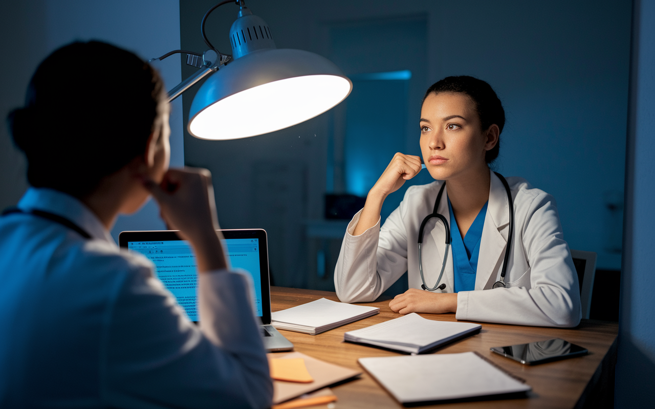 A focused medical student rehearsing for an interview in front of a mirror, capturing determination and readiness. The student is dressed professionally, surrounded by notes and a laptop displaying potential interview questions. A lamp casts a warm, focused light in the otherwise dark room, creating an atmosphere of preparation and self-reflection, as they visualize success in the upcoming interviews.