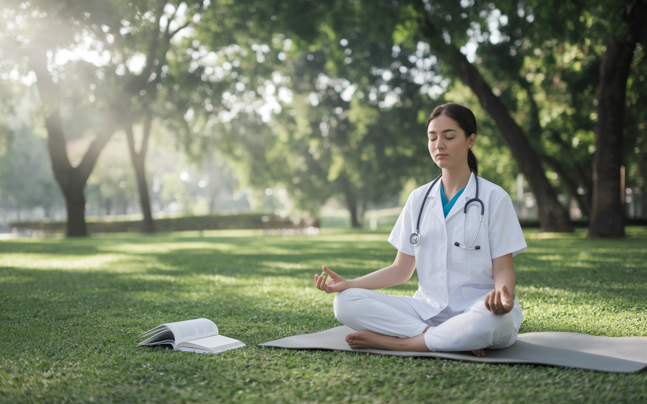 A serene scene showcasing a medical student practicing mindfulness in a peaceful park, surrounded by lush greenery and gentle sunlight filtering through trees. The student is meditating on a mat, embodying tranquility and self-care amidst the stresses of medical education. Nearby, an open book lays on the grass, suggesting a balanced approach between study and relaxation. Soft colors enhance the feeling of calmness and rejuvenation.