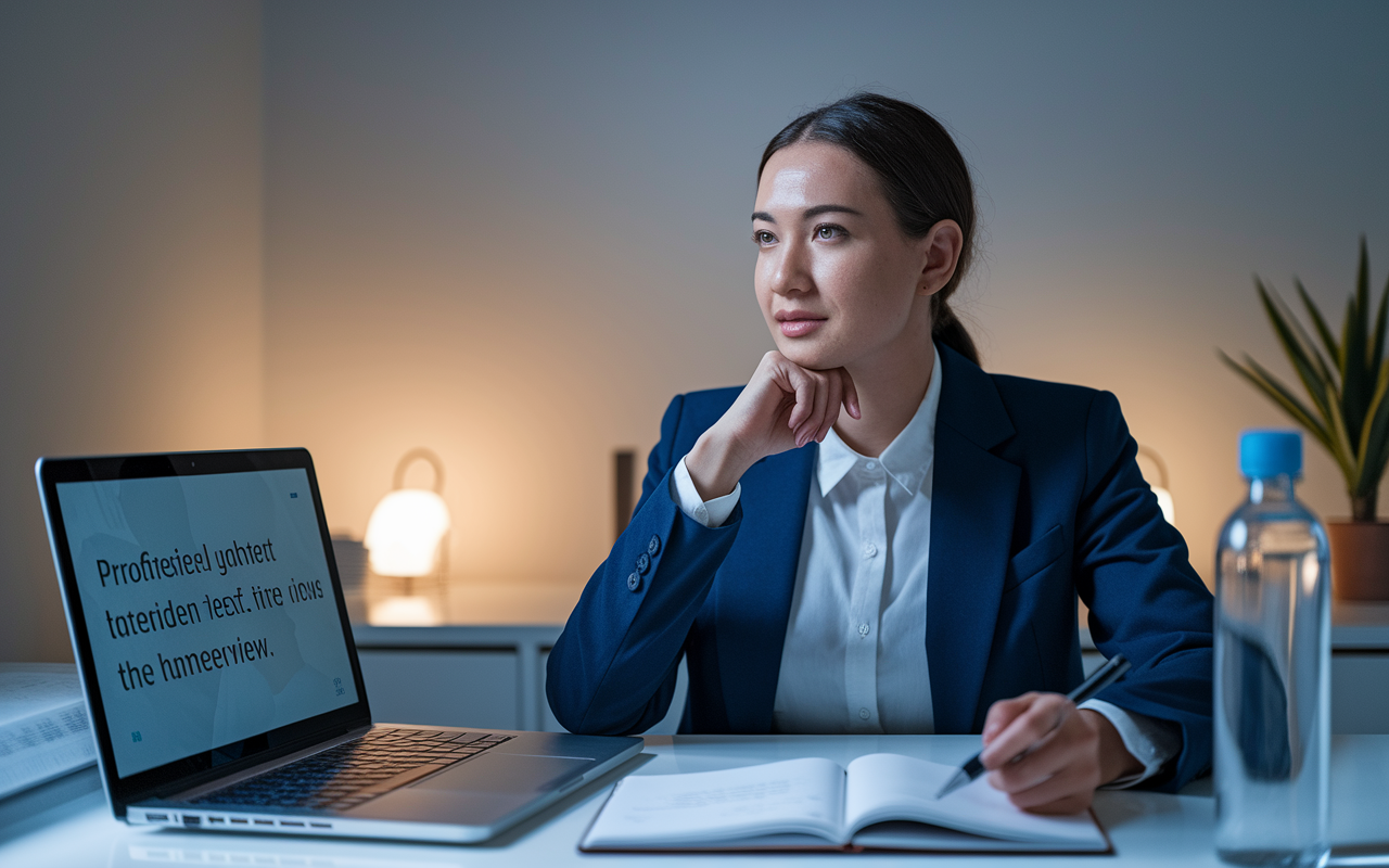 A professional mock interview scenario in a home office with a candidate dressed in business attire, sitting confidently in front of a laptop screen displaying a simulated interview. The background is neat with soft lighting, creating a calm atmosphere. The candidate appears engaged and is intently listening, with notes and a water bottle on the table, portraying a sense of preparedness and focus.