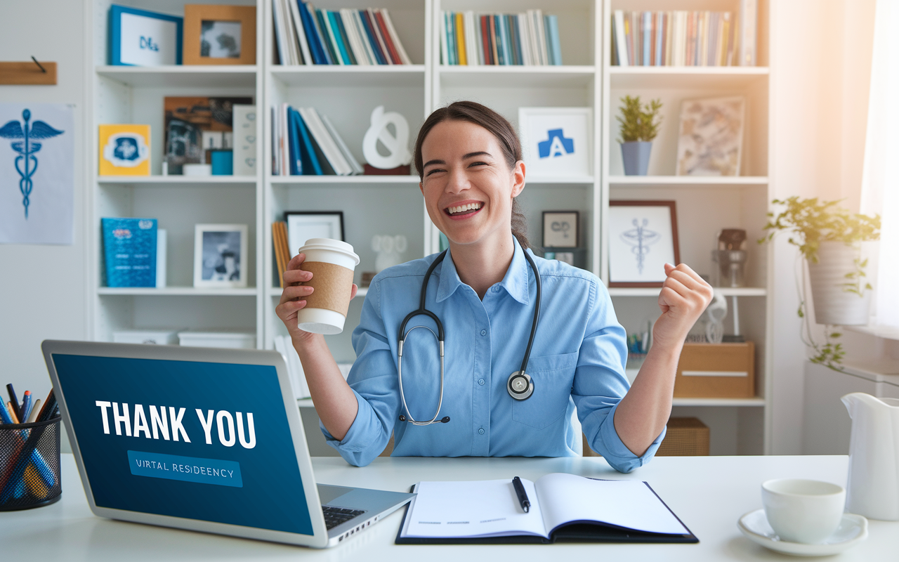 A happy candidate celebrating after a successful virtual residency interview, sitting at a desk with a laptop showing a 'Thank You' message on the screen. The room is bright and organized, filled with medical-related books and memorabilia. The candidate is smiling broadly, holding a coffee cup while wearing smart casual attire. The atmosphere is filled with joyful relief, embodying success and accomplishment.