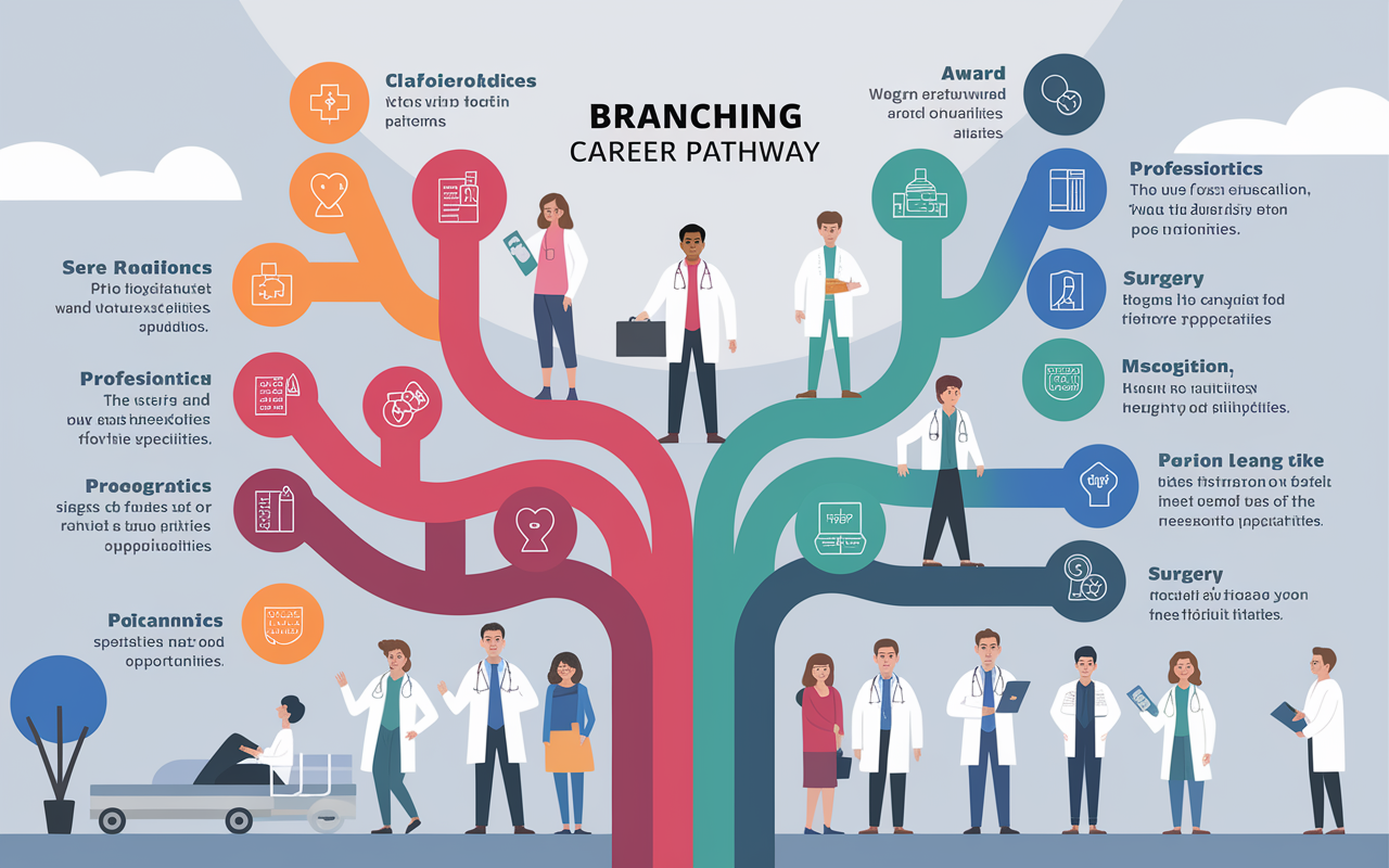 An illustrated infographic showing a branching career pathway for physicians with various specialties like cardiology, pediatrics, and surgery. Each branch includes visual icons representing the specialties, with pathways leading to awards, recognition, and professional growth opportunities. The backdrop is a soft gradient, enhancing the clarity of the different pathways. The overall look is colorful, engaging, and informative, symbolizing the significant impact of residency applications on future careers.