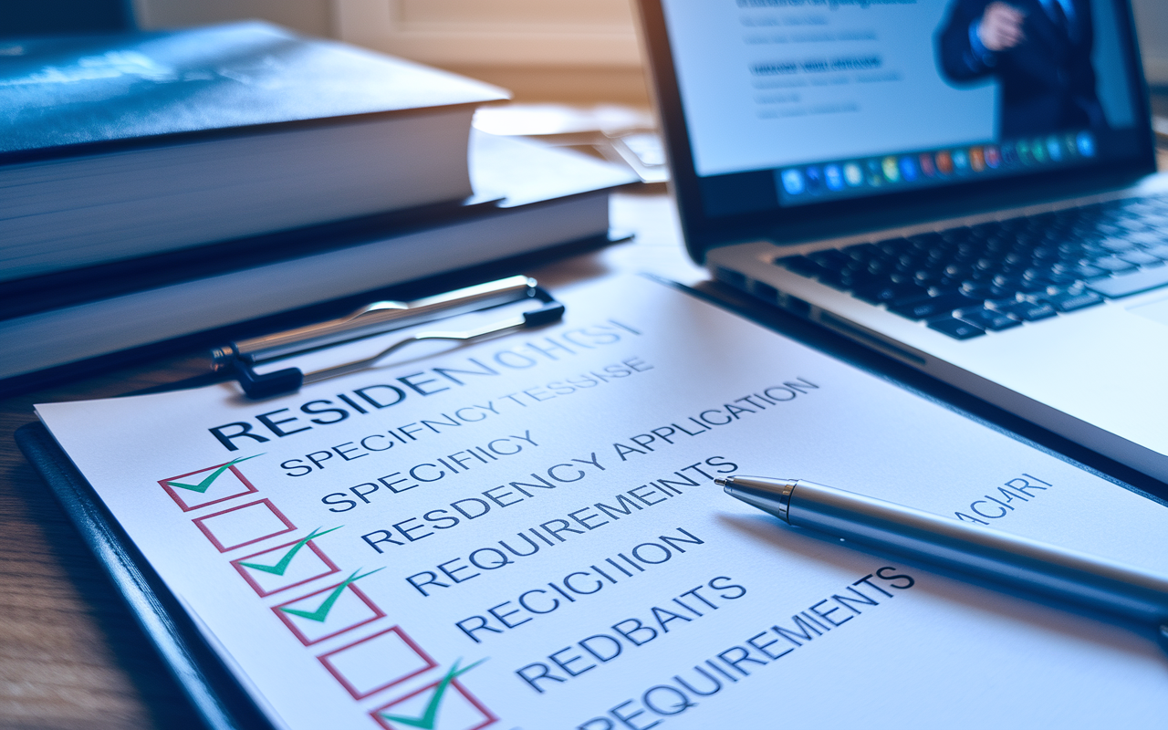 A close-up of a detailed checklist on a desk, highlighting specific residency application requirements. The checklist is filled with bright colored checkboxes indicating completed tasks, and a pen is placed beside it. In the background, there are a few medical books and a laptop displaying a residency program page, with subtle lighting creating a sense of urgency and focus.