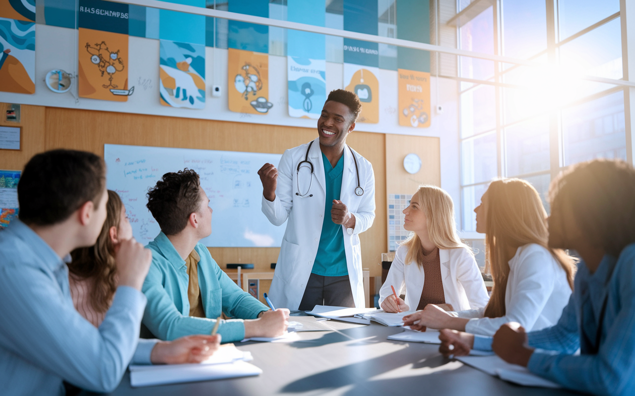 A medical student enthusiastically leading a group discussion in a vibrant, collaborative environment. The setting is a modern classroom filled with motivational posters and a whiteboard with notes and diagrams. Students are engaged, taking notes, and actively participating. Bright sunlight streams in through large windows, creating an uplifting atmosphere that emphasizes the spirit of teamwork and leadership.